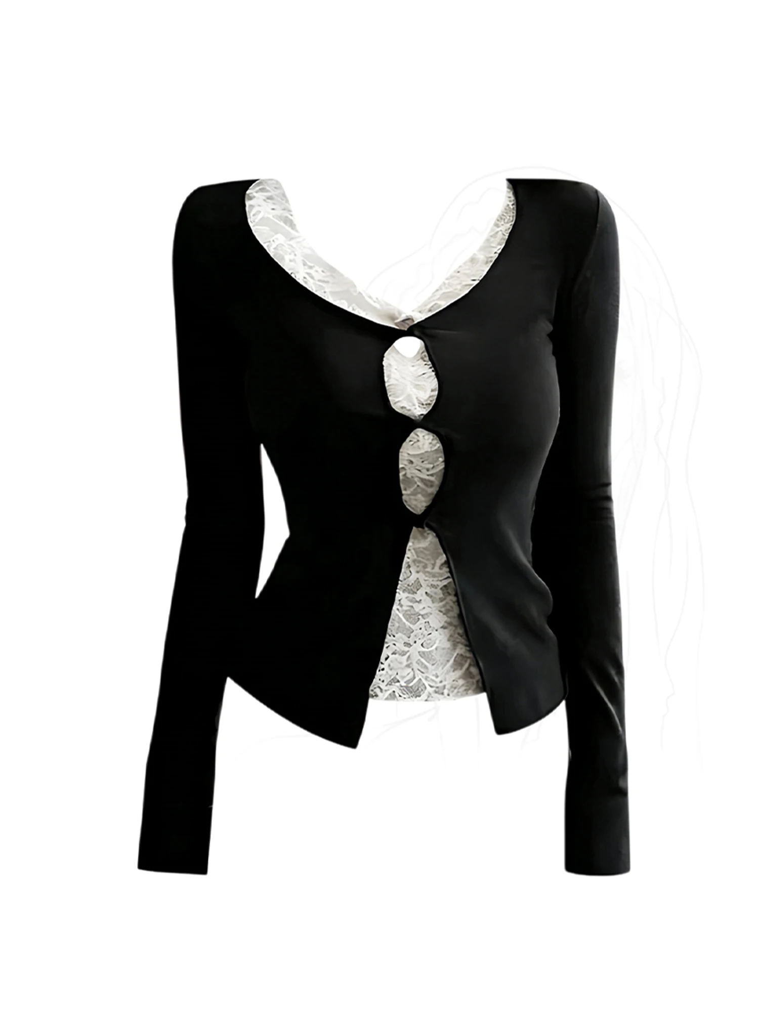 Women Black Gothic Y2k Bow T-shirt Vintage Harajuku Gyaru Tee Top Long Sleeve Oversize Lace Patchwork T-shirt 2000s Clothes 2026