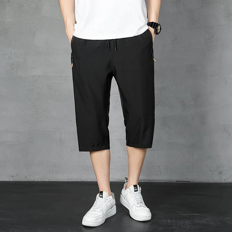 Ice Silk Men\'s Shorts Summer Thin Soft Cropped Pants Sports Casual Straight Shorts Oversize Sweatpants Quick Drying Jogger