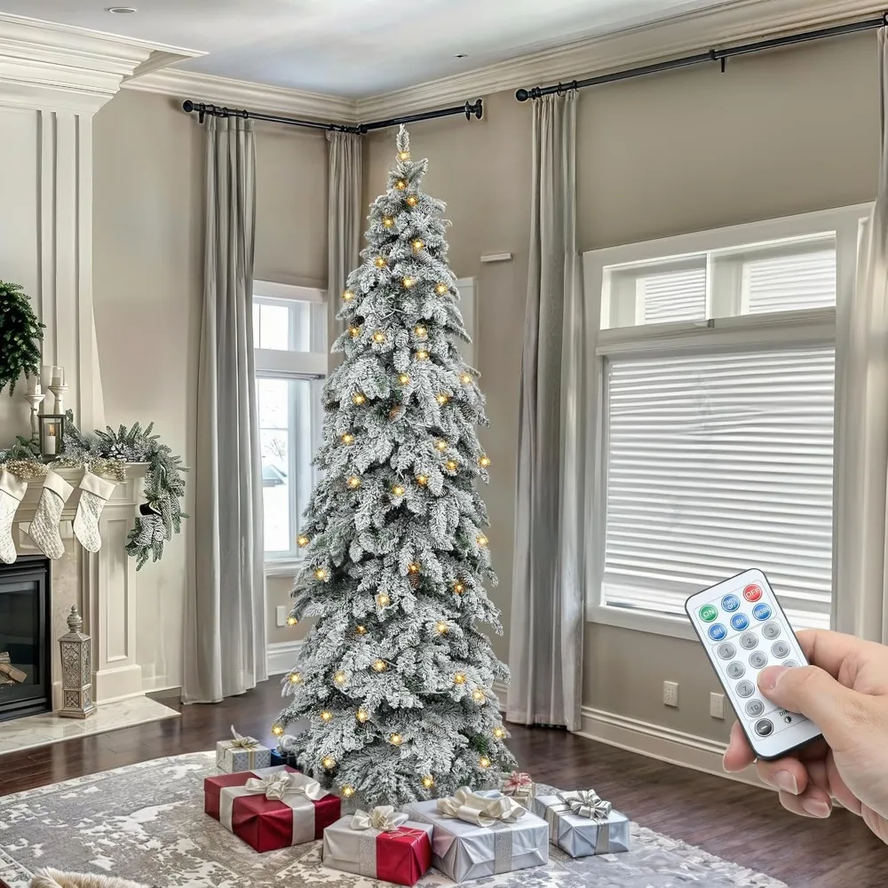 

7,5-футовая флокированная рождественская елка-карандаш из ели с натуральным слоем и сосновыми шишками