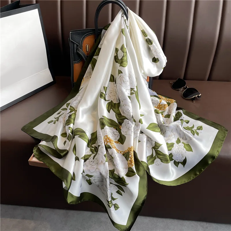 180*90cm Luxury Silk Scarf Women Printing Long Sun Protection Shawl Large Size Bandanna Foulard Muffler Hijab Scarves Soft Wraps