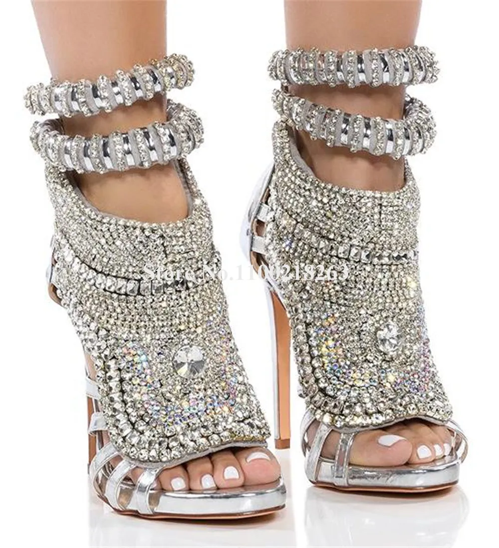 Silver Rhinestones Thin Heel Short Gladiator Boots Peep Toe Crystals Diamonds Decorated Stiletto Heel Cut-out Ankle Booties