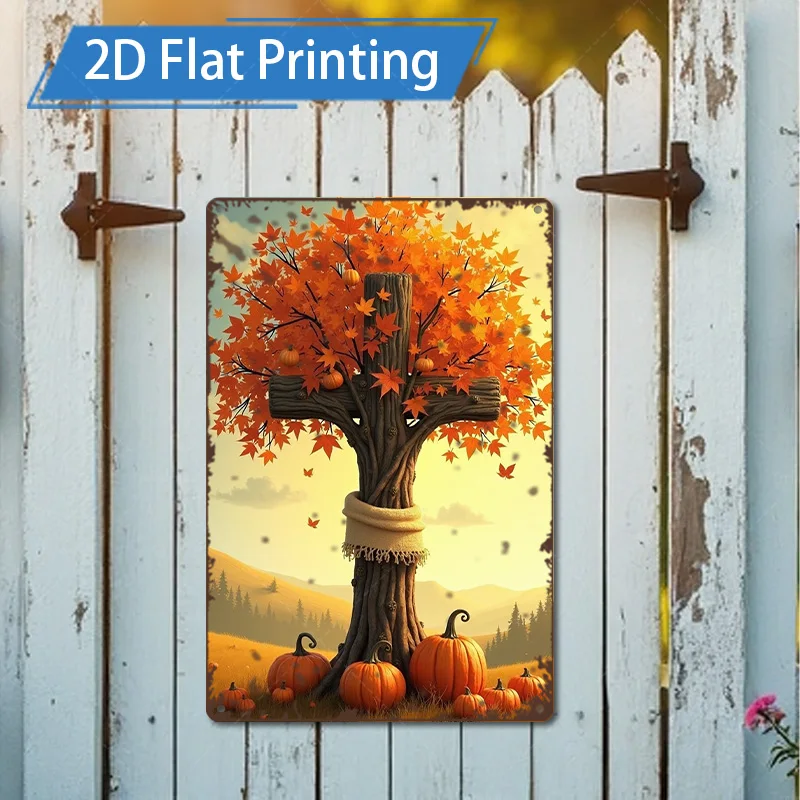 [2D FLAT] 1pc Metal Sign, 8x8inch Autumn Pumpkin Tree Metal Wall Art 2D Flat Print Decorative Sign for Home Garden