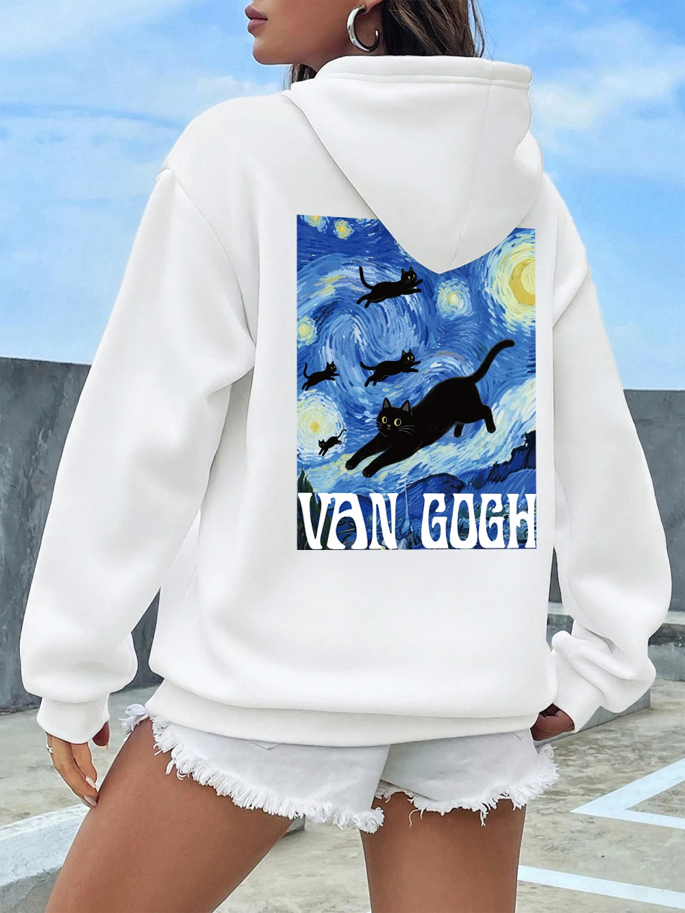 

Van Gogh Black Cat Printing Hoodies Women Comfortable Loose Pullover Casual Soft Sweatshirt Winter Fleece Warm Woman Clothes