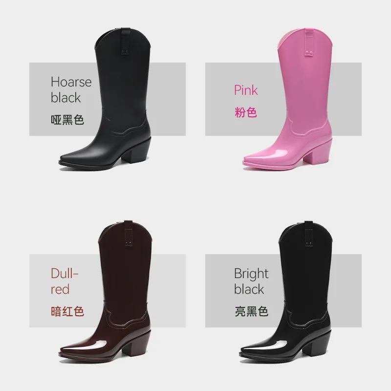 Long Rain Boots Women\'s Fashion High Heel Gunboots H Black Knight Bot Soft Rubber Waterproof Rubber Shoes