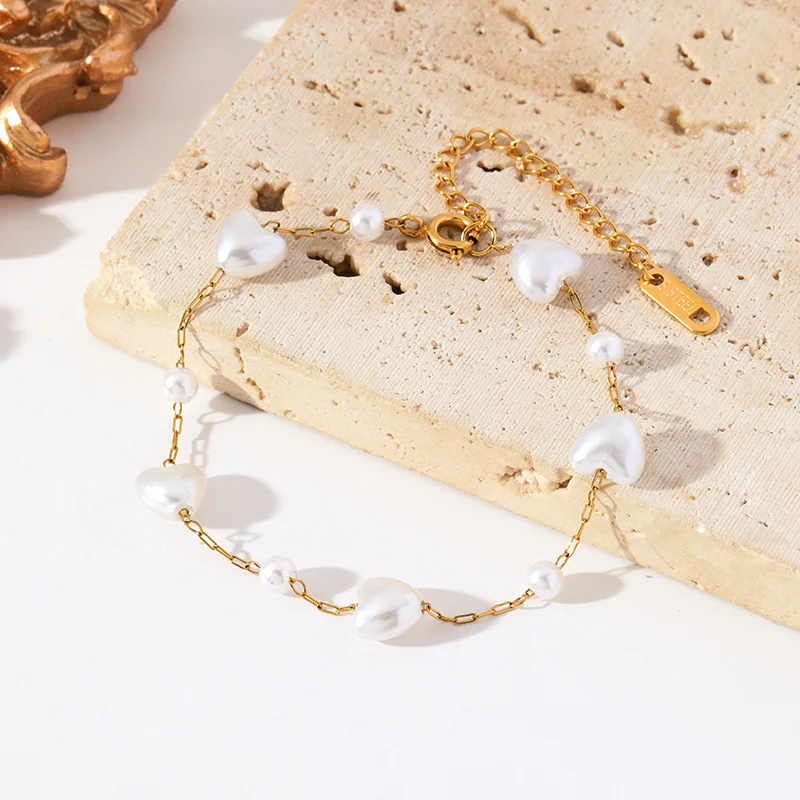 EILIECK 316L Edelstahl Herzförmige Perlenkette Armband-Set Modischer Goldfarbener Wasserdichter Schmuck für Frauen Mädchen Geschenk – Detail 15