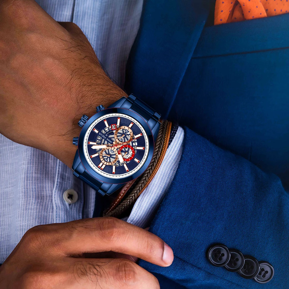 MINI FOCUS MF0285G Luxury Quartz Watch Sports Waterproof Calendar Blue Stainless Steel Band Men Wrist Watches