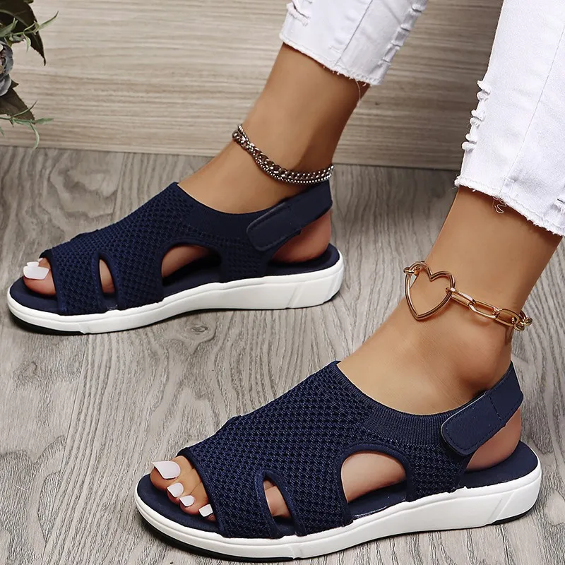 Summer New European and American Women's Sandals Large Size Breathable Elastic Fly Woven Flat Women's Casual Shoes 2023