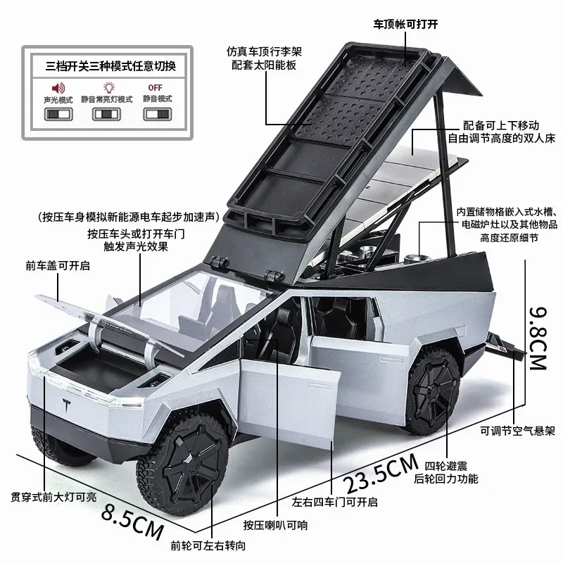 1:24 Tesla Pickup Camping Car RV Simulazione Pressofuso in lega di metallo Modello di auto Suono Luce Tirare indietro Collezione Giocattolo per bambini Regali