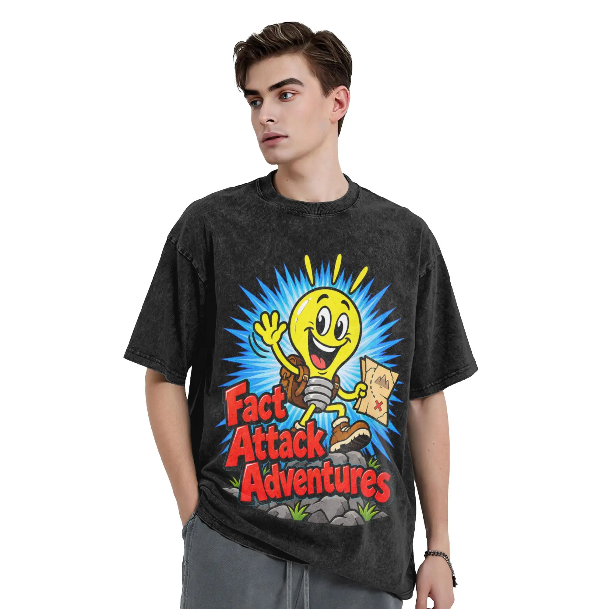 Vintage Fact Attack Adventures T-Shirt Men Round Collar Cotton Washed T Shirt  Short Sleeve Tee Shirt Birthday Gift Tops