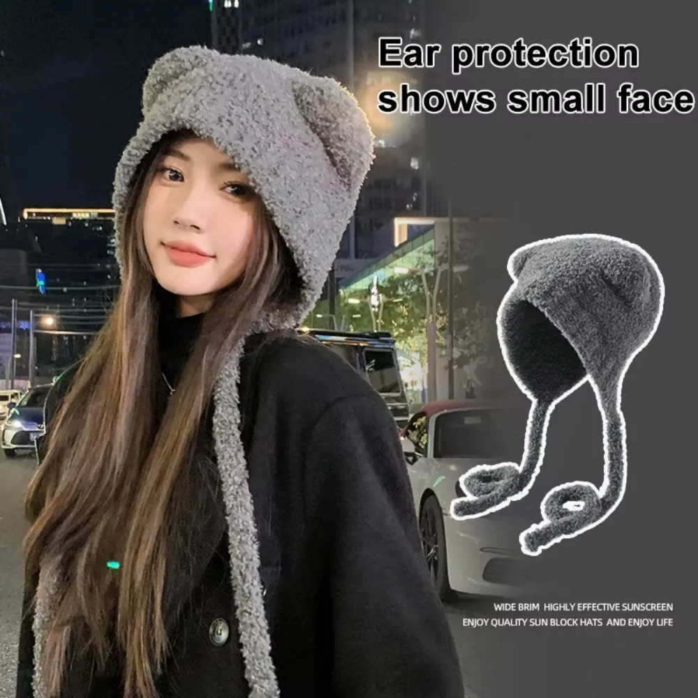 Fashion Y2k Bear Ear Wool Hat Ear Protection With Rope Knitted Bomber Cap Warm Lace up Winter Hat