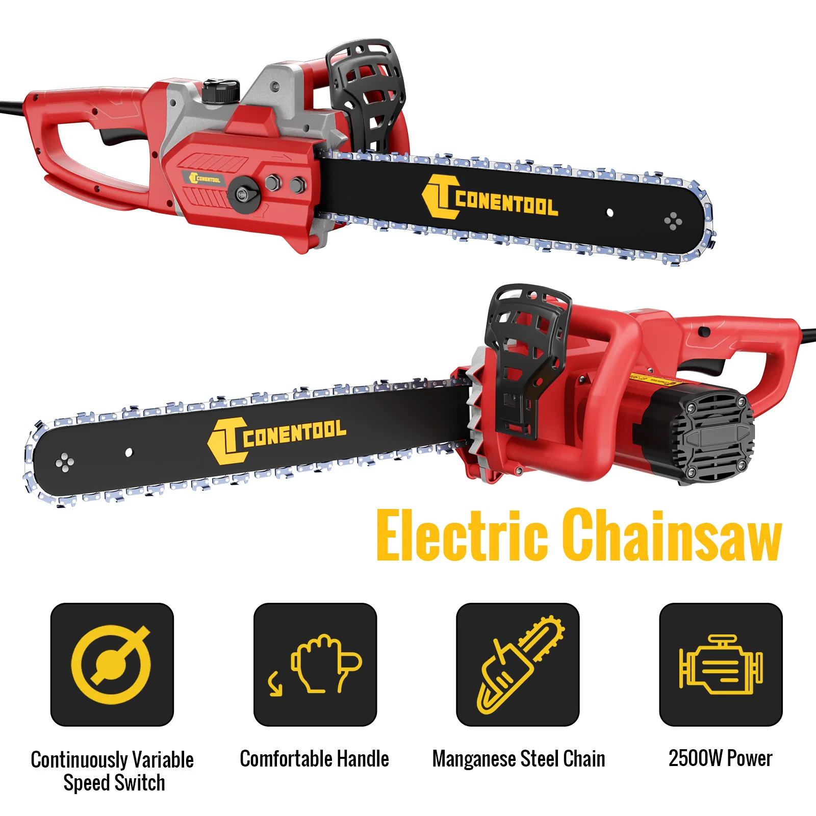 CONENTOOL 16/18inch Electric Chainsaw Corded Wood Cutter Machine 2500W Powerful Handheld Chain Saw 480m/min Tool Set