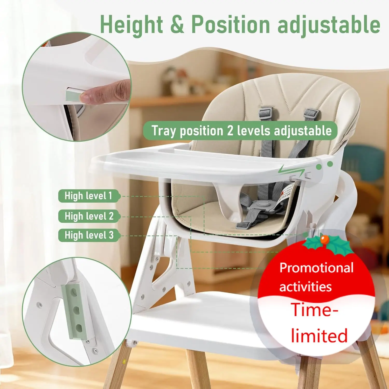 

Baby High Chair, Babies and Toddlers Convertible Slim High Chair with 6 Growing Stages from Infant to Toddler Seating with Remov