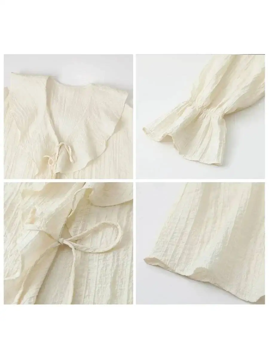 

CHIC VEN Women Shirt Loose Casual Ruffled Edges Female Blouses V Neck Lace Up Mid Length Woman Shirts Spring Summer 2024