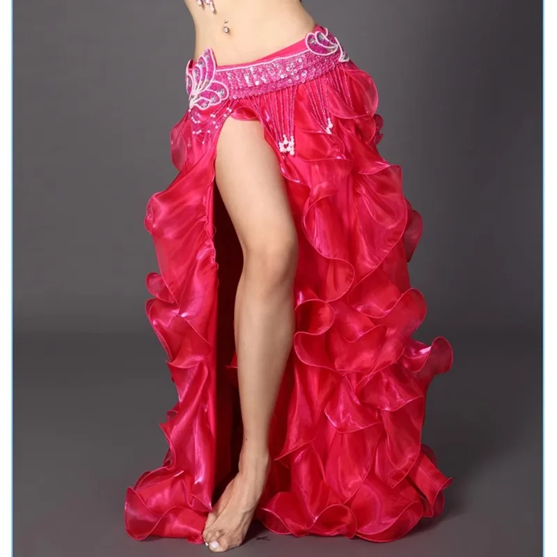 Dostosowany seksowny kostium do tańca brzucha dla kobiet, sukienka do występów dla dorosłych, sukienka z wysokim rozcięciem, duża, rozkloszowana spódnica, puszyste falowane ubrania.