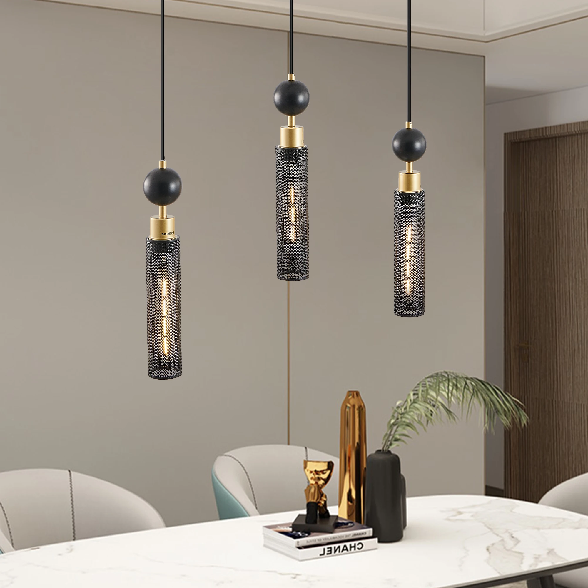 

Modern Black and Gold 3-Light Pendant Chandelier, Adjustable Hanging Lights with Cylindrical Mesh Shades, E26 Base(No Bulb)