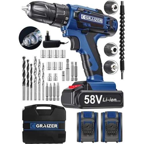 Graizer V-Tec 58 V 5 Ah Steel Engine Steel Transmission Impact Cordless Double Cordless Drill Dark Blue Electric drill