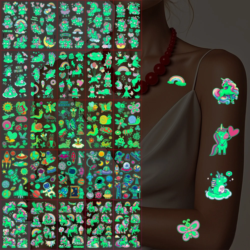 5pcs Glowing in the Dark Temporary Tattoos Mermaid Unicorn Butterfly Car Luminous Tattoo Stickers for Body Hand Face Decor