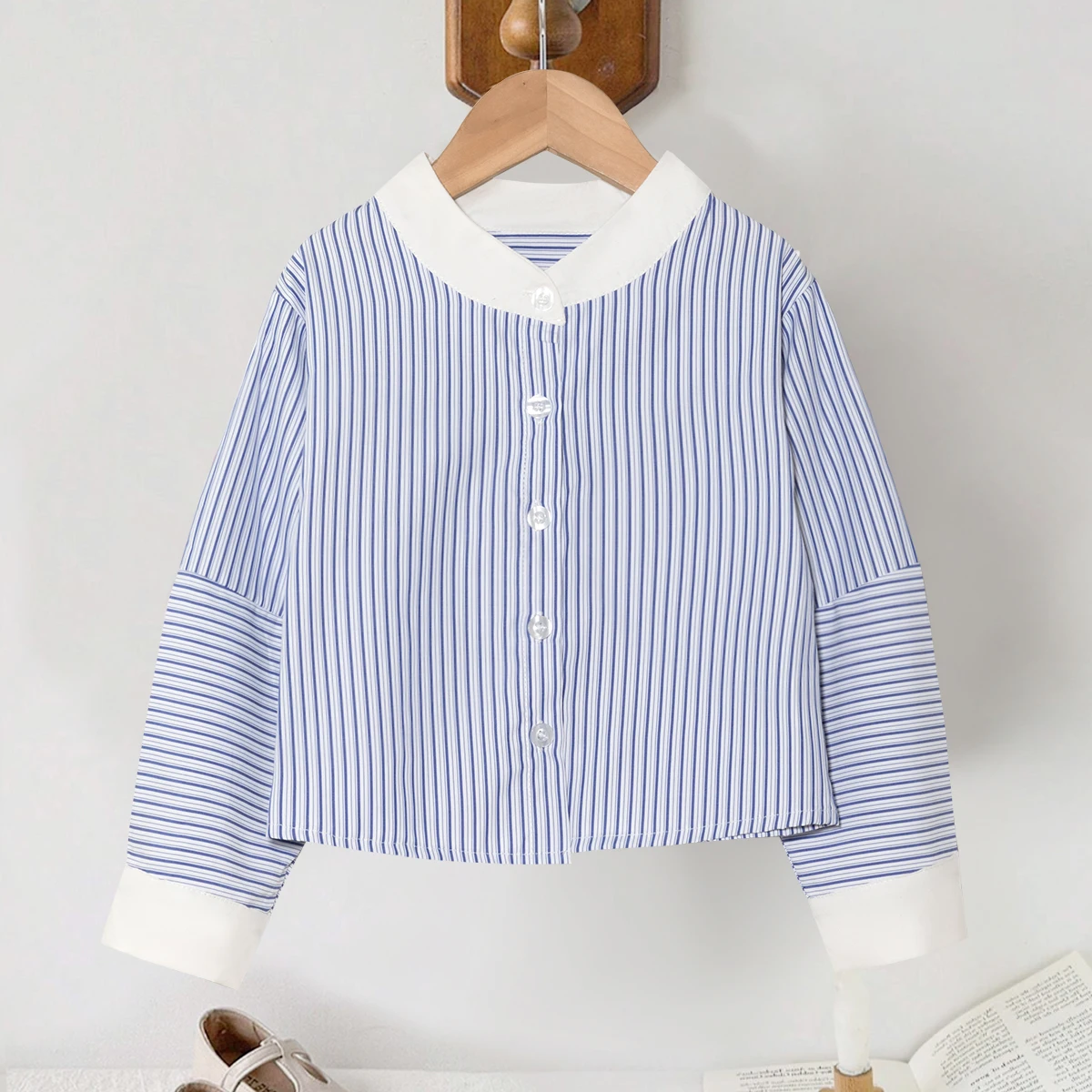 Nueva llegada de otoño estilo coreano Chic Baby Girl camisa de Raya Vertical azul y blanca camisa de manga corta para niñas camisa Casual para