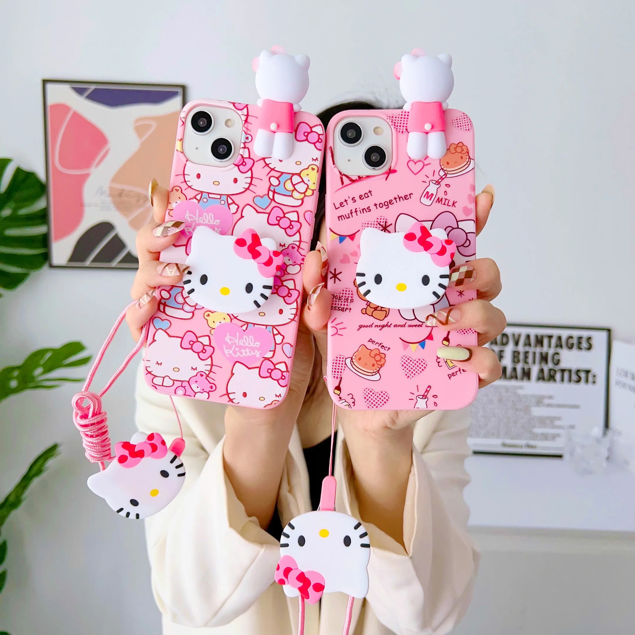 Funda Cake Kitty con soporte y cuerda para Samsung Galaxy A17 A07 A16 A06 A26 A56 A04E A05 A05s A15 A25 A35 A55