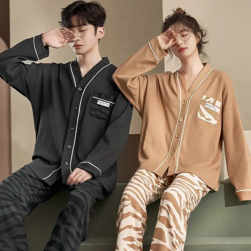 Couple Pajamas 100% Cotton 2023 Women's Pajamas Autumn and Spring V-neck Button Cardigan Loungewear Women Men Sleepwear
