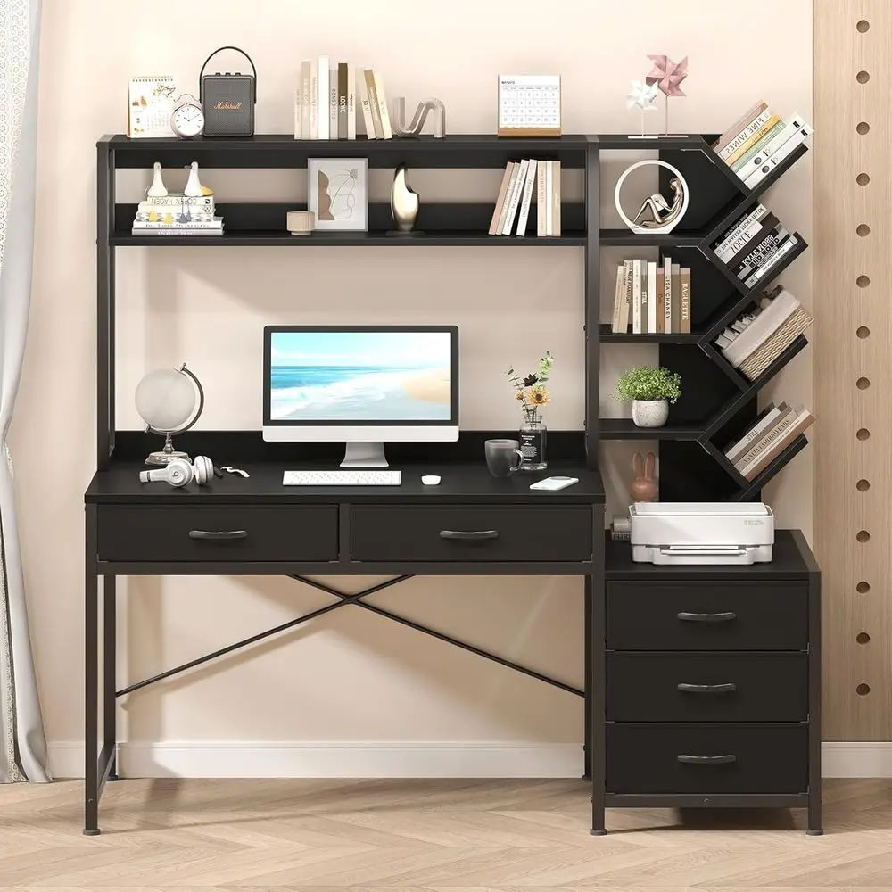 

52-inch Black Desk with Hutch, Storage Shelves, and Drawers for Home Office or Bedroom