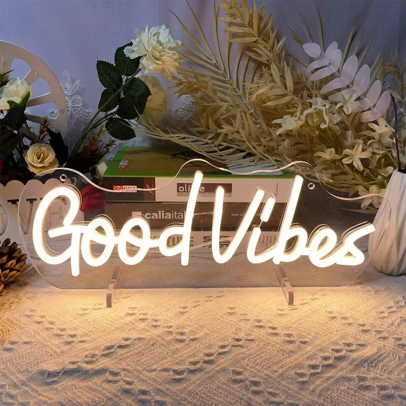 Good Vibes Neon Sign with Stand,LED Desk Lamp Night Light for Bedroom & Party Art Decor,USB Powered Neon Signs for Lover,Friends