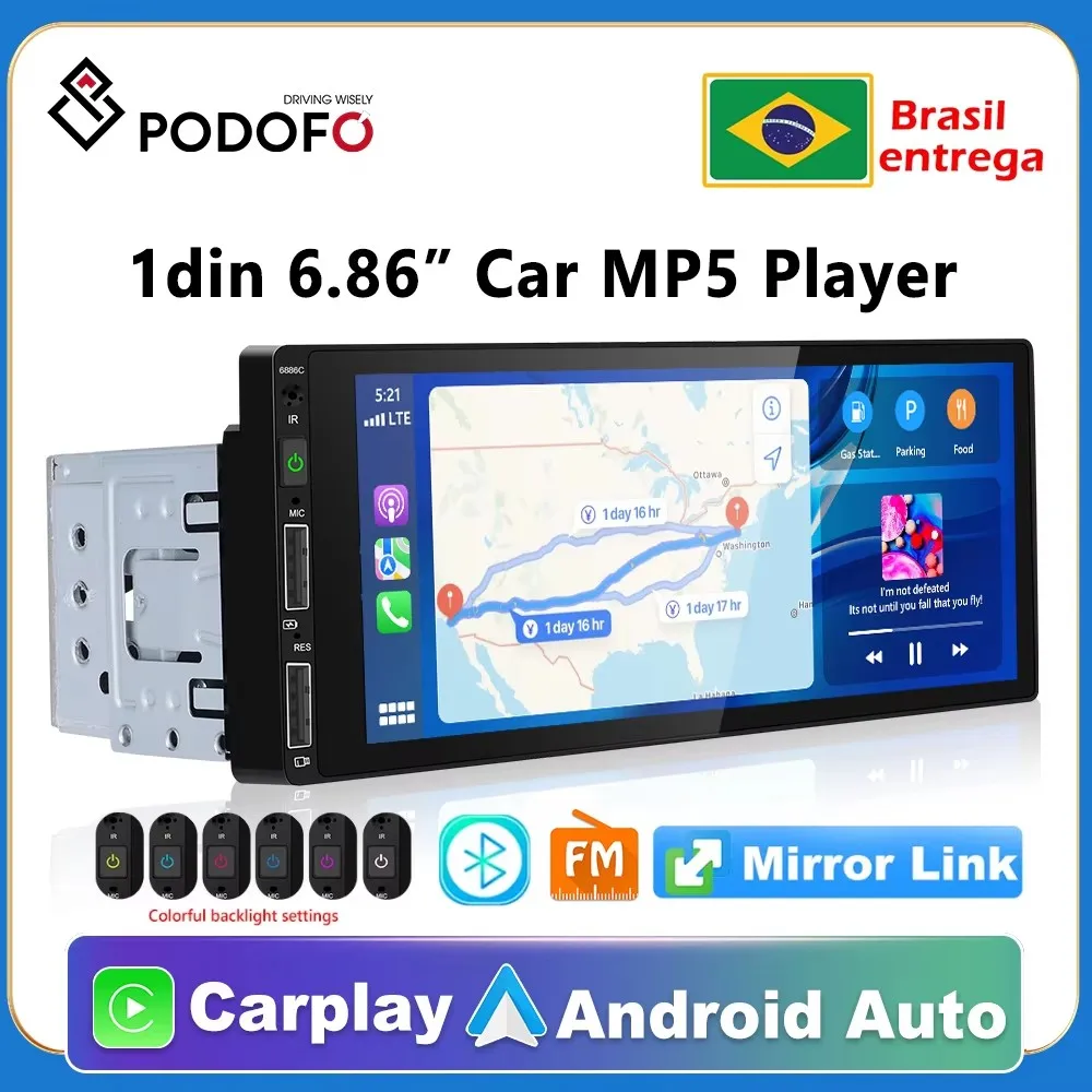 Podofo 1din Carplay Radio Auto Monitor Universal Car mp5 Player with BT FM Radio Receiver Support TF/USB Rear View Cam