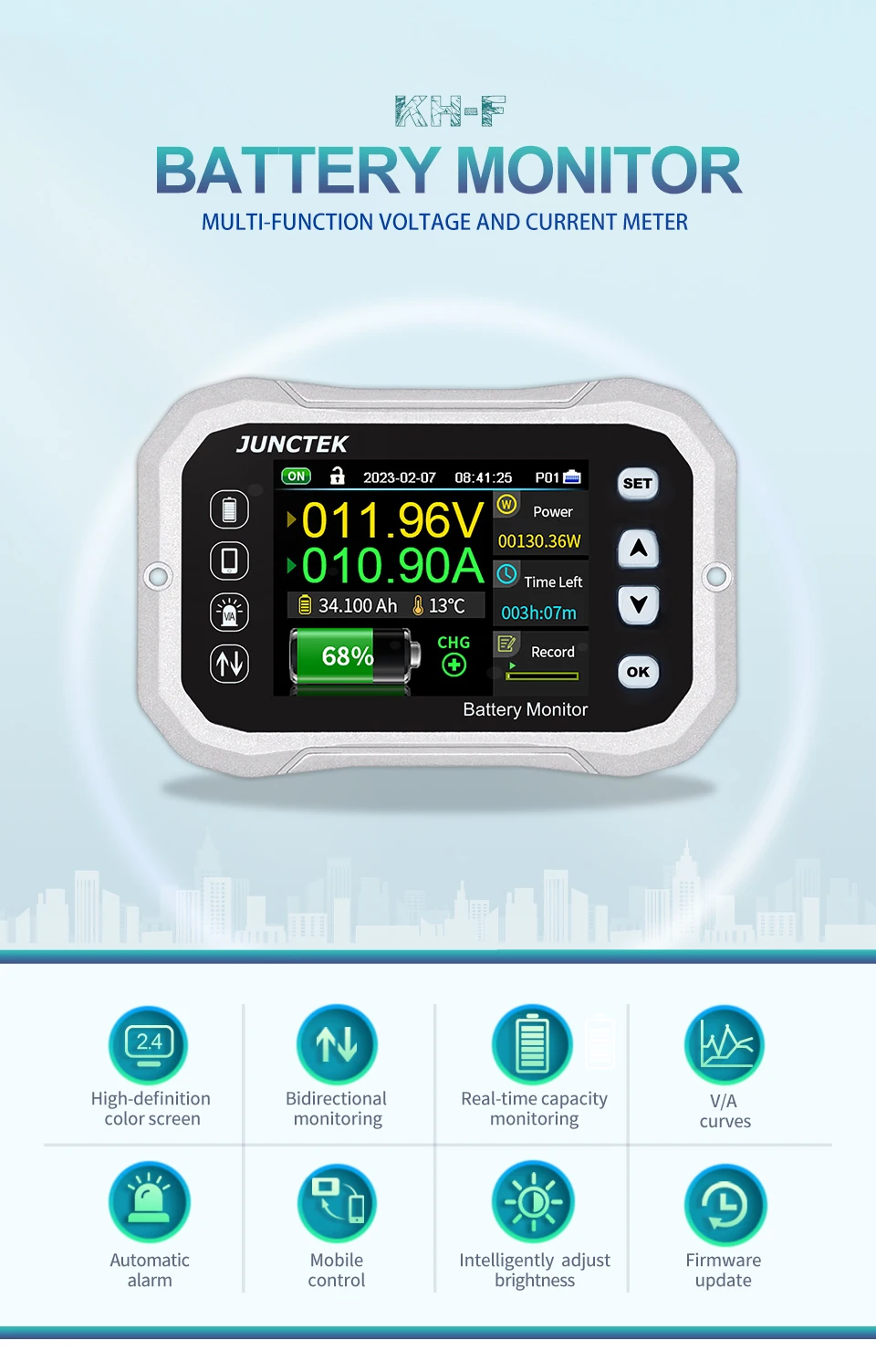 

New JUNTEK DC 0-120V 100A 400A 600A Battery Monitor Battery Tester Voltage Current VA Battery Coulomb Meter Capacity Indicator