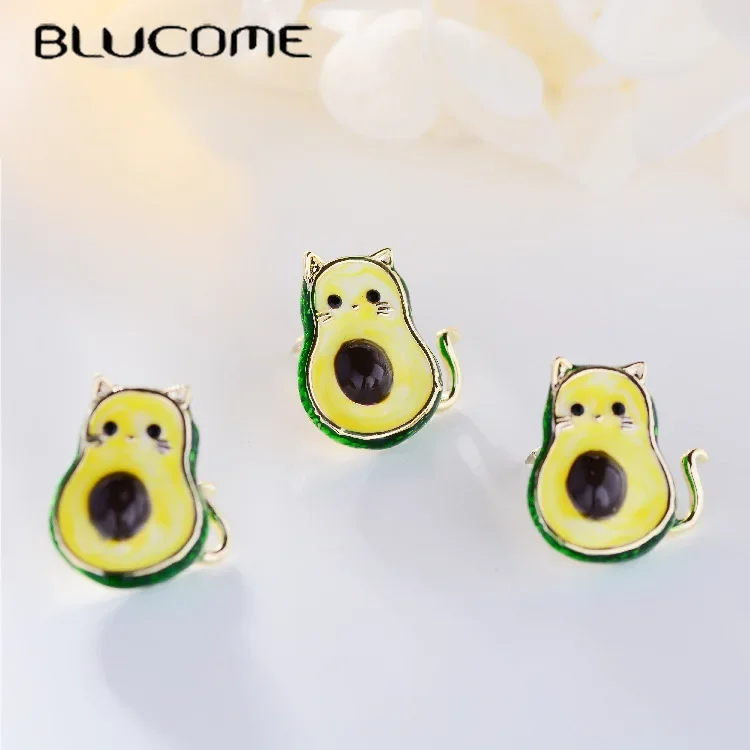 Blucome Japanese Korean Cartoon Avocado Cat Brooch Cute Little Collar Hijab Pins Scarf Buckle Cute Hat Bag Accessories