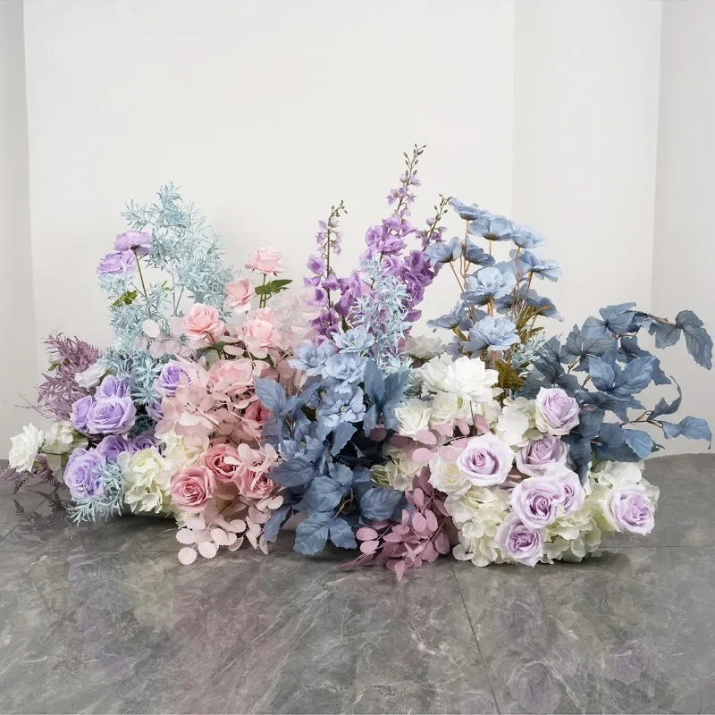 Classical New rose pink wedding large floor row flower simulation finished flower row T-platform road guide wedding flower blue