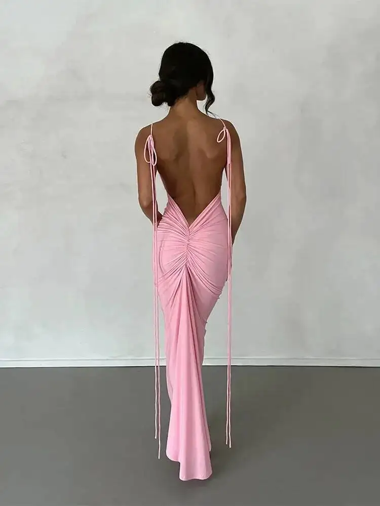 حزام مثير عارية الذراعين فستان ماكسي ملابس النساء أنيقة عيد ميلاد فيستدو الصيف نادي الحفلات Ruched فساتين الوردي بلوزات على الموضة