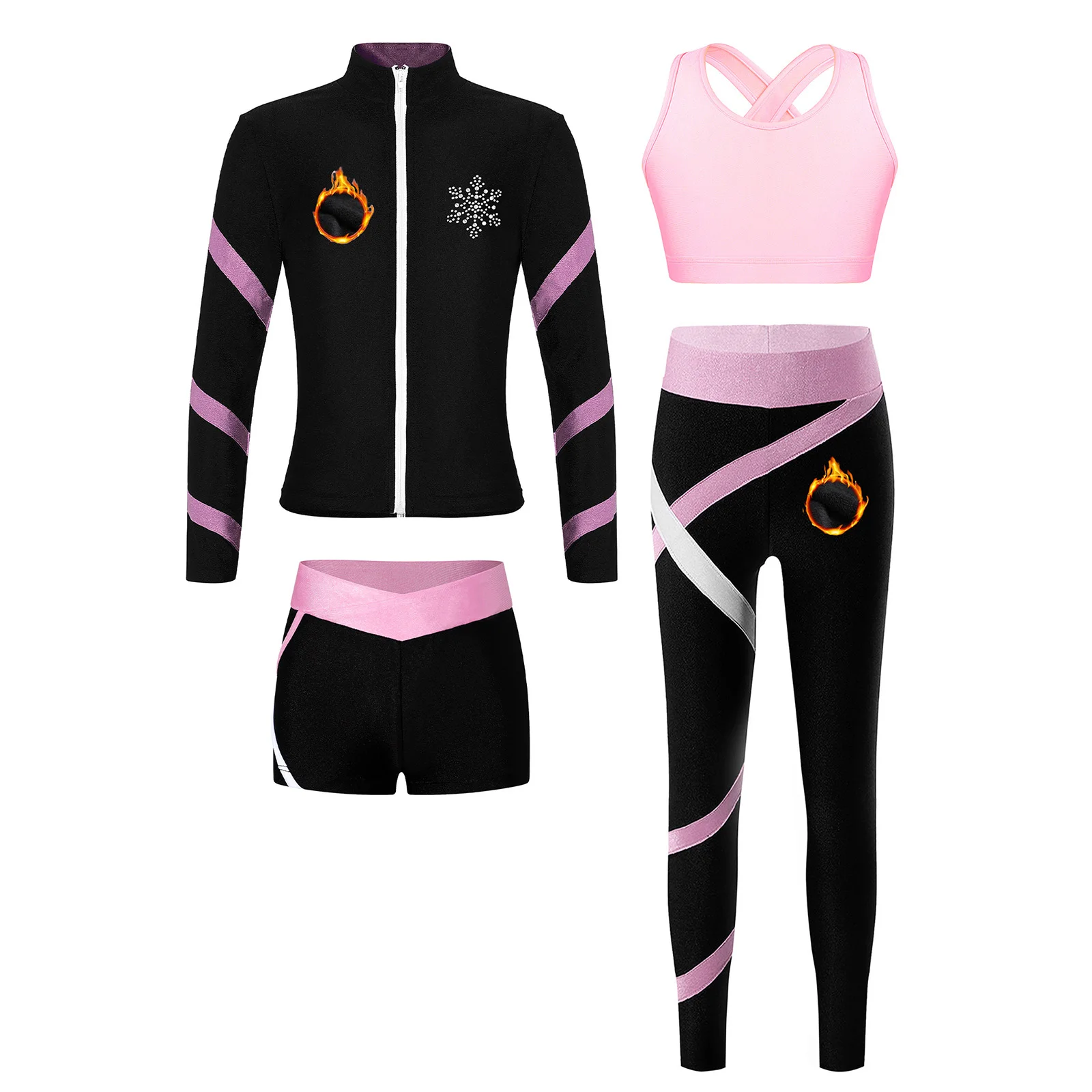 Girls Children Ballet Gymnastics Sports Set Outfit for Girl Zipper Fleece-Lined Jacket Leggings Shorts Kids Figure Skating Suits