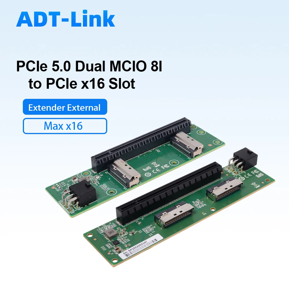 ADT-Link PCIe 5.0 Dual / 2x MCIO 8I To PCI-e X16 Slot External Riser Card (Max X16 Bandwidth) Extension Adapter