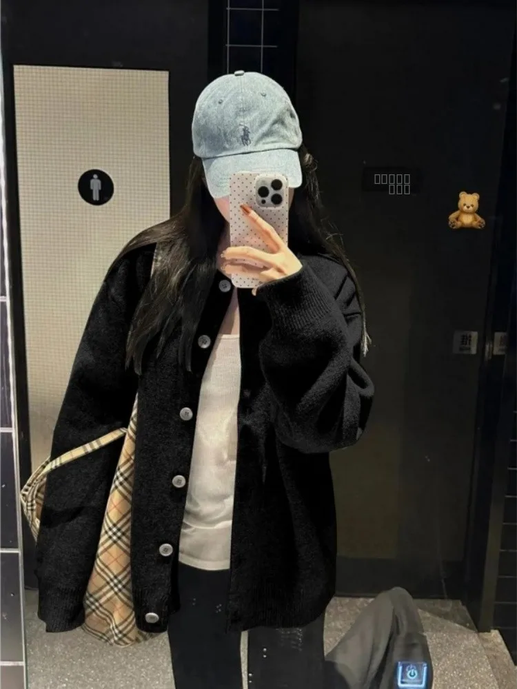 

Черный вязаный открытый кардиган, женский свободный ленивый кардиган, мягкая повседневная высококачественная верхняя одежда, универсальный свитер, дэт, топ, зима