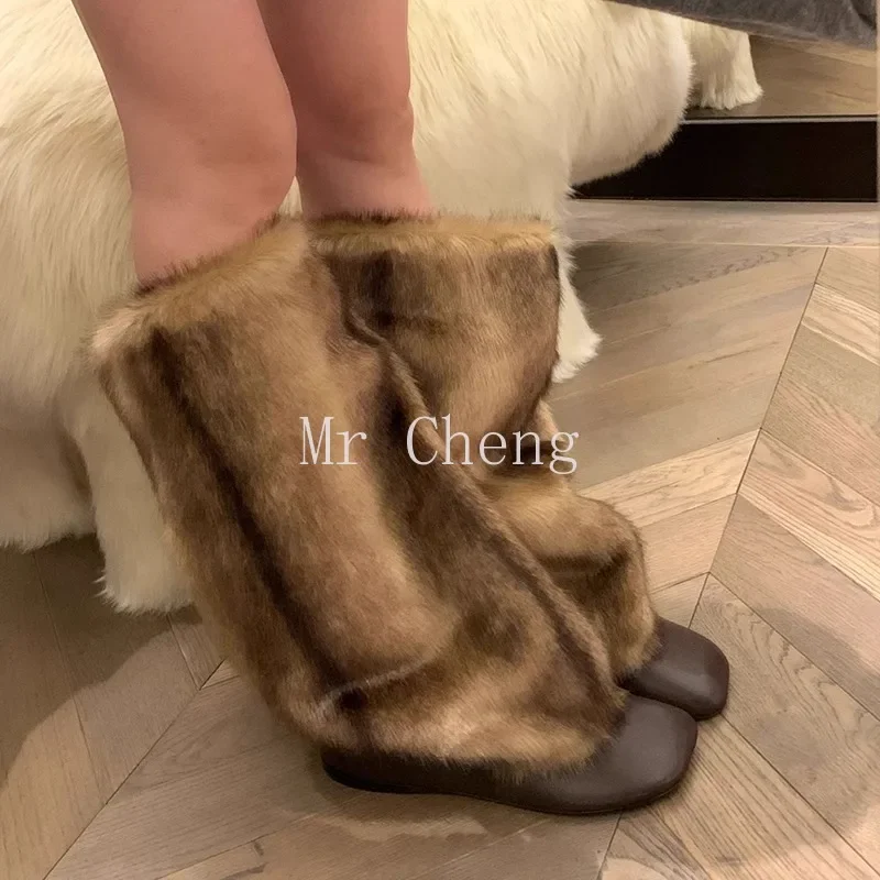 

Y2k Fur Hairy High Top Long Boots for Women in Winter Fashionable Versatile Knee Length Low Heel Warm Cotton Shoes Snow Boots