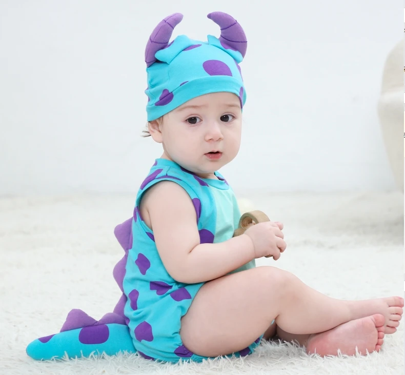 Cute Toddler Baby Summer Bodysuits Outfits Print Sleeveless Round Neck Romper with Dinosaur Hat 2 Pcs Set Costume