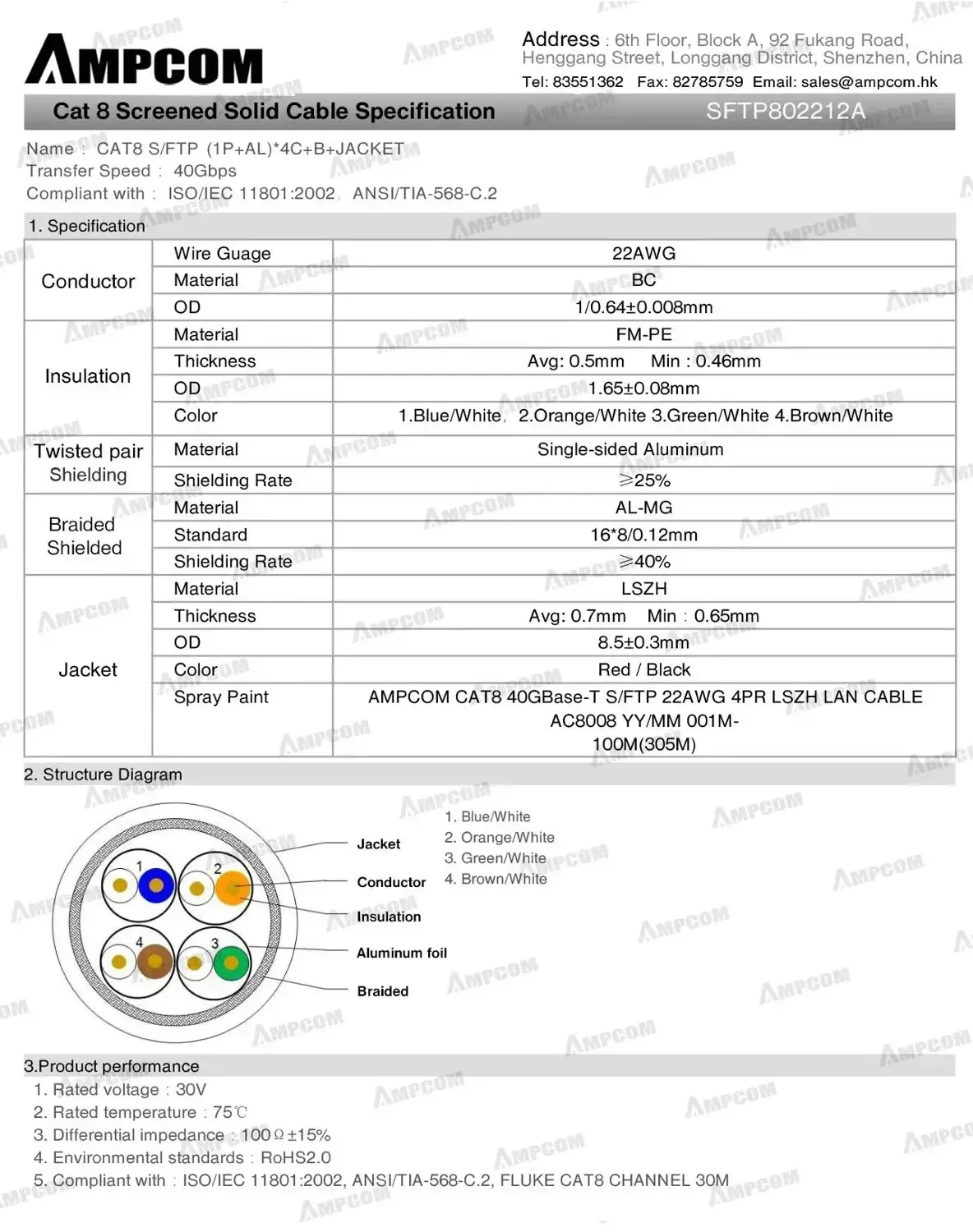 Kabel Ethernet AMPCOM Cat8/7/6A S/FTP 22-23AWG Ekranowany, Izolowany, Jednoprzewodowy, do 40 Gb/s, Klasy Przemysłowej — zdjęcie produktu 6