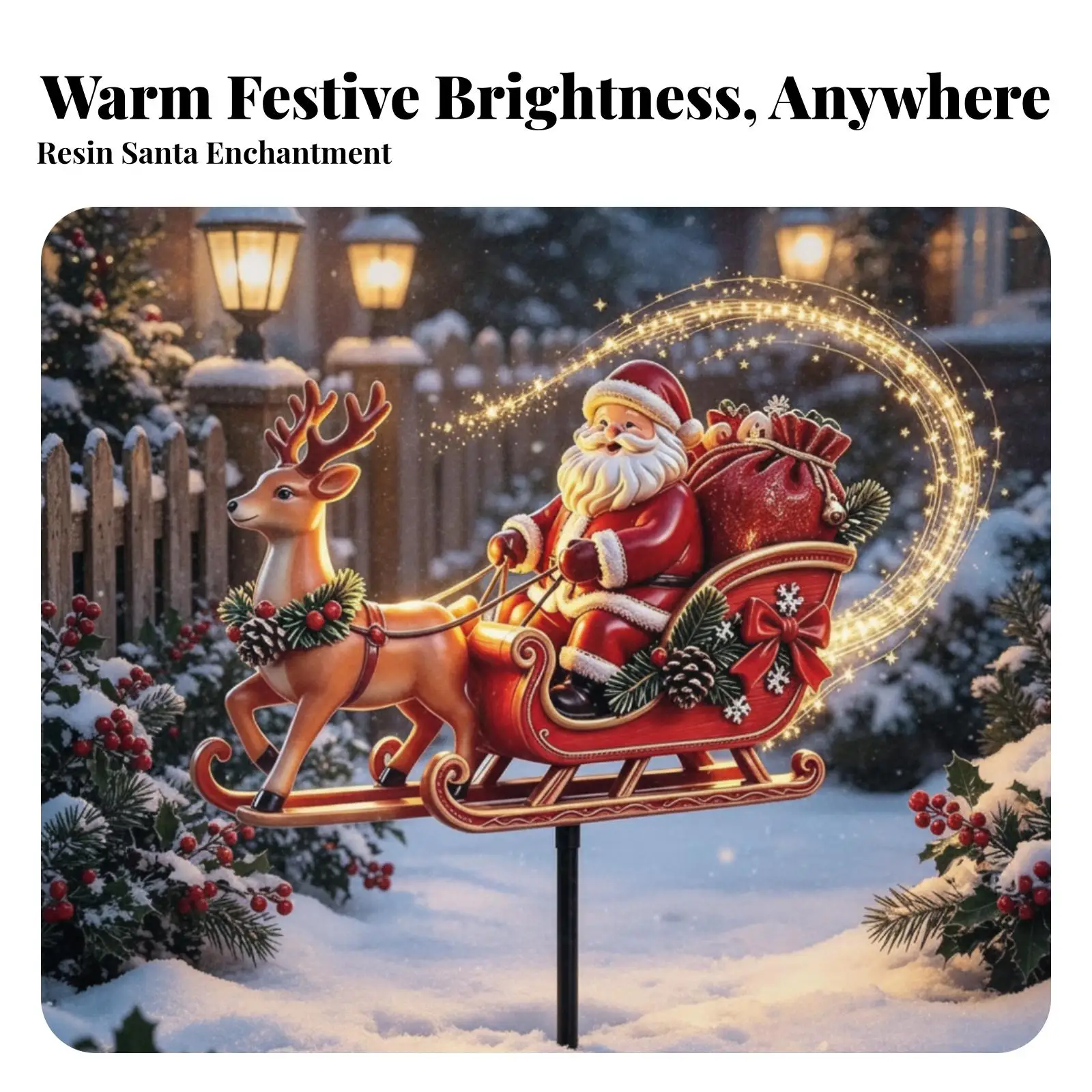 Santa Figure Sleigh with Reindeer Warm Illuminated Look, Bright Eye-Catching Silhouette, Santa and Reindeer Stake Figurine, for