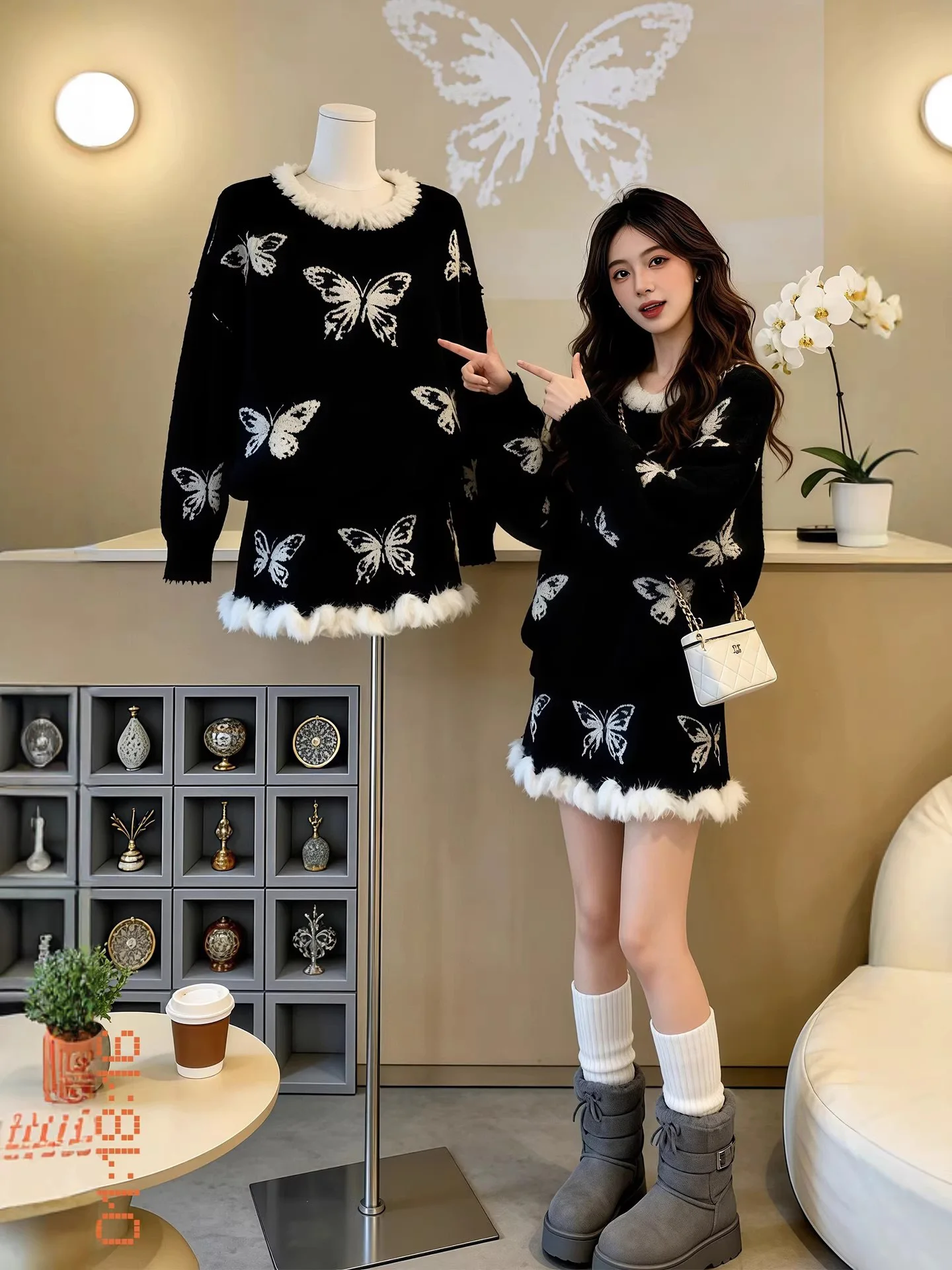 Weiches SLE-Strick-Zweiteiler-Set für Damen mit Schleifen-Design, warm und schlankmachend, Herbst-Winter-Faion-Freizeitkleidung, Rock mit hoher Taille