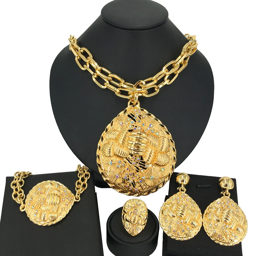 2022 Hot Selling Brazilian Dubai Italian Gold Plated Jewelry Women\'s Wedding Party Banquet Big Pendant Jewelry Sets FHK13725