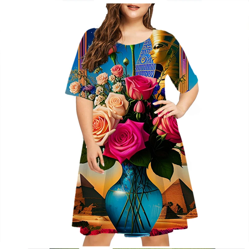 2023 Summer Dresses Women Fashion Short Sleeve Loose Dresses Casual 3D Flower Print Party Dress Female Plus Size 6XL Sundress