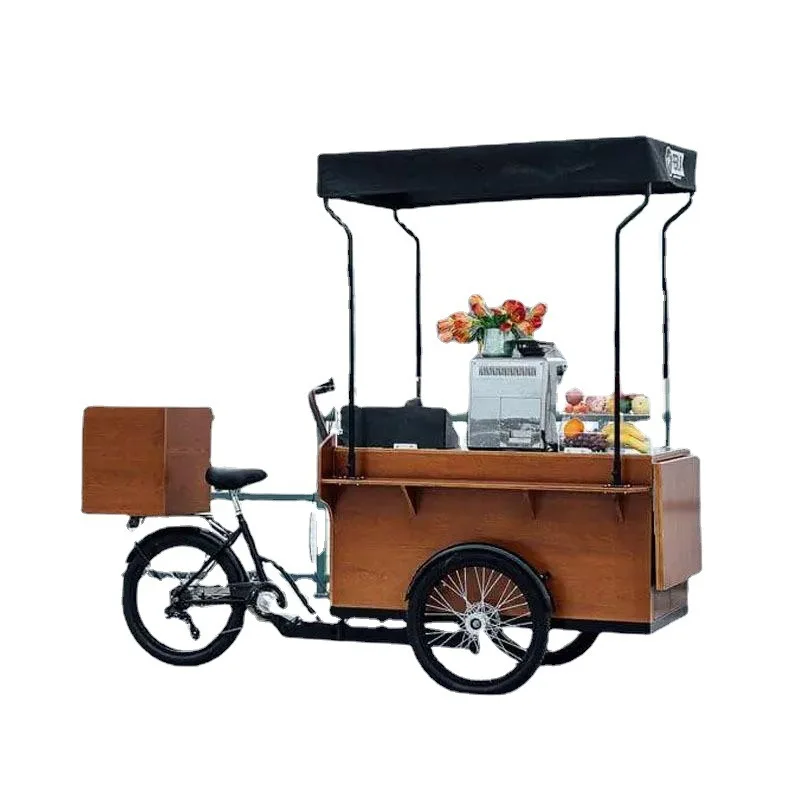 Vélo de présentation à trois roues pour la promotion de produits divers en supermarché, idéal pour les marchés nocturnes et les stands de Malatang en bord de route.