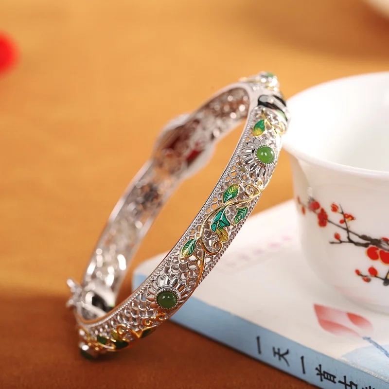 S925 Sterling Silver Bracelets for Women New Fashion Palace Style Hollow Flowers Inlaid Agate Jade Enamel Bangle Wholesale