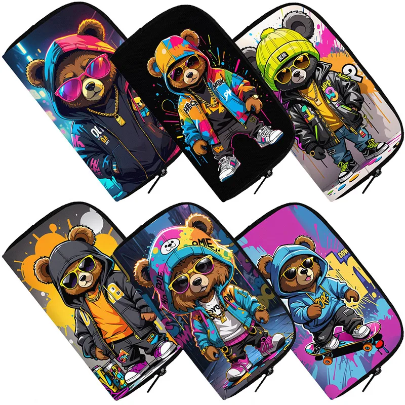 Cute Hip Hop Bear Print Wallets Graffiti Paints Splashing Purse Women Men Clutch Bag ID Credit Card Money Coin Bag Long Wallets