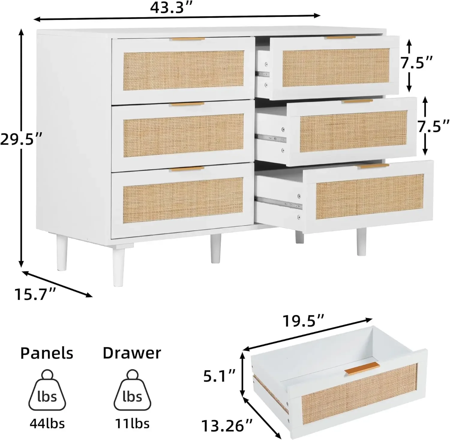 6 Drawer Dresser Rattan Dresser,Wood Storage Closet Dressers Chest of Drawers for Bedroom,Living Room,Hallway