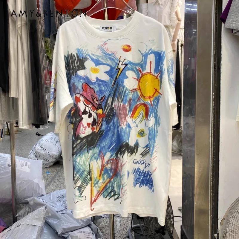 

2024 Summer O-Neck Loose Casual Children's Fun Hand-Painted Graffiti Printing Embroidered Mid-Length Fashionable T-shirt Women