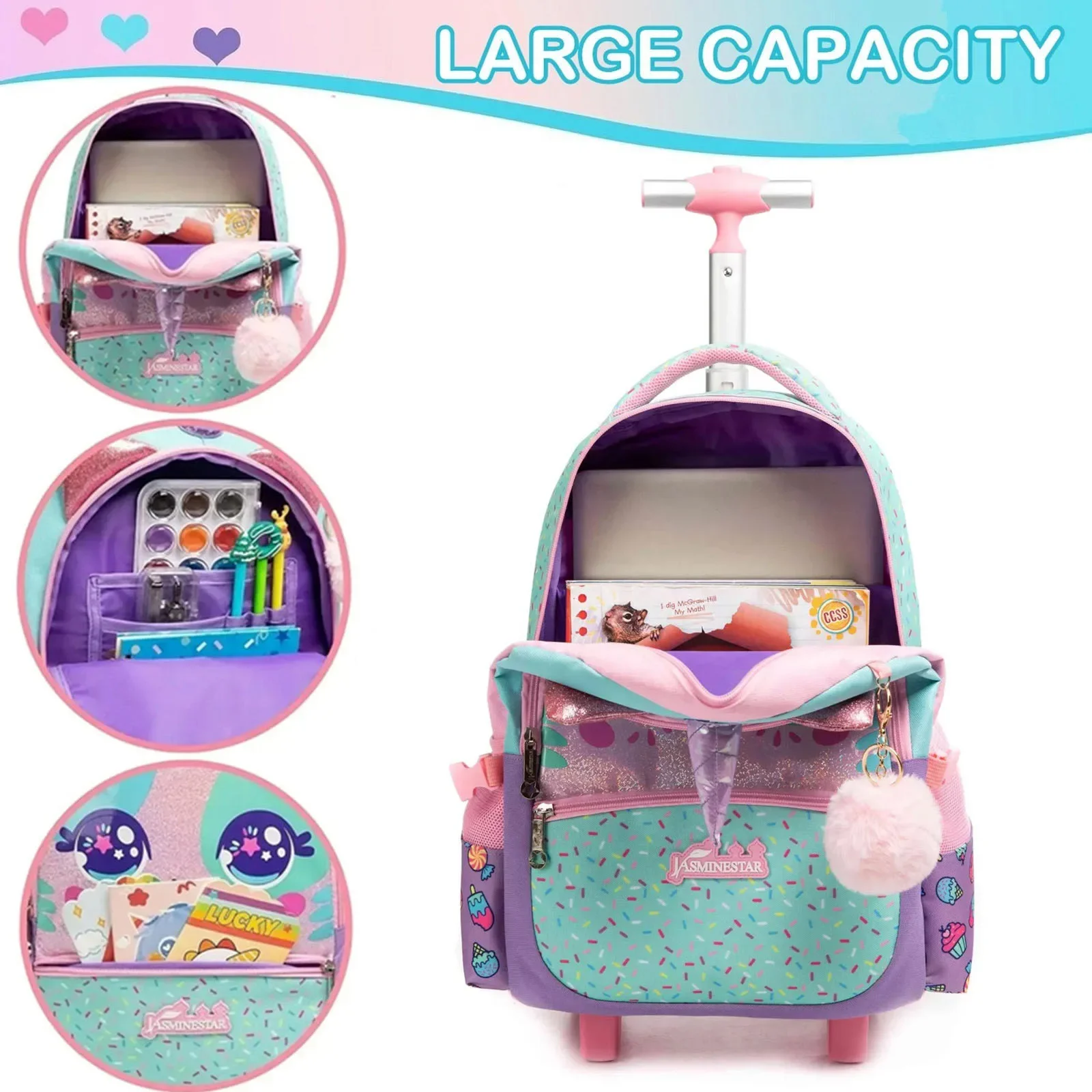 BUNNYFLY Cute Rolling Backpack for Girl Backpack with Wheels for Elementary Student Kids 3 in 1 Travel Luggage Carry on Suitcase
