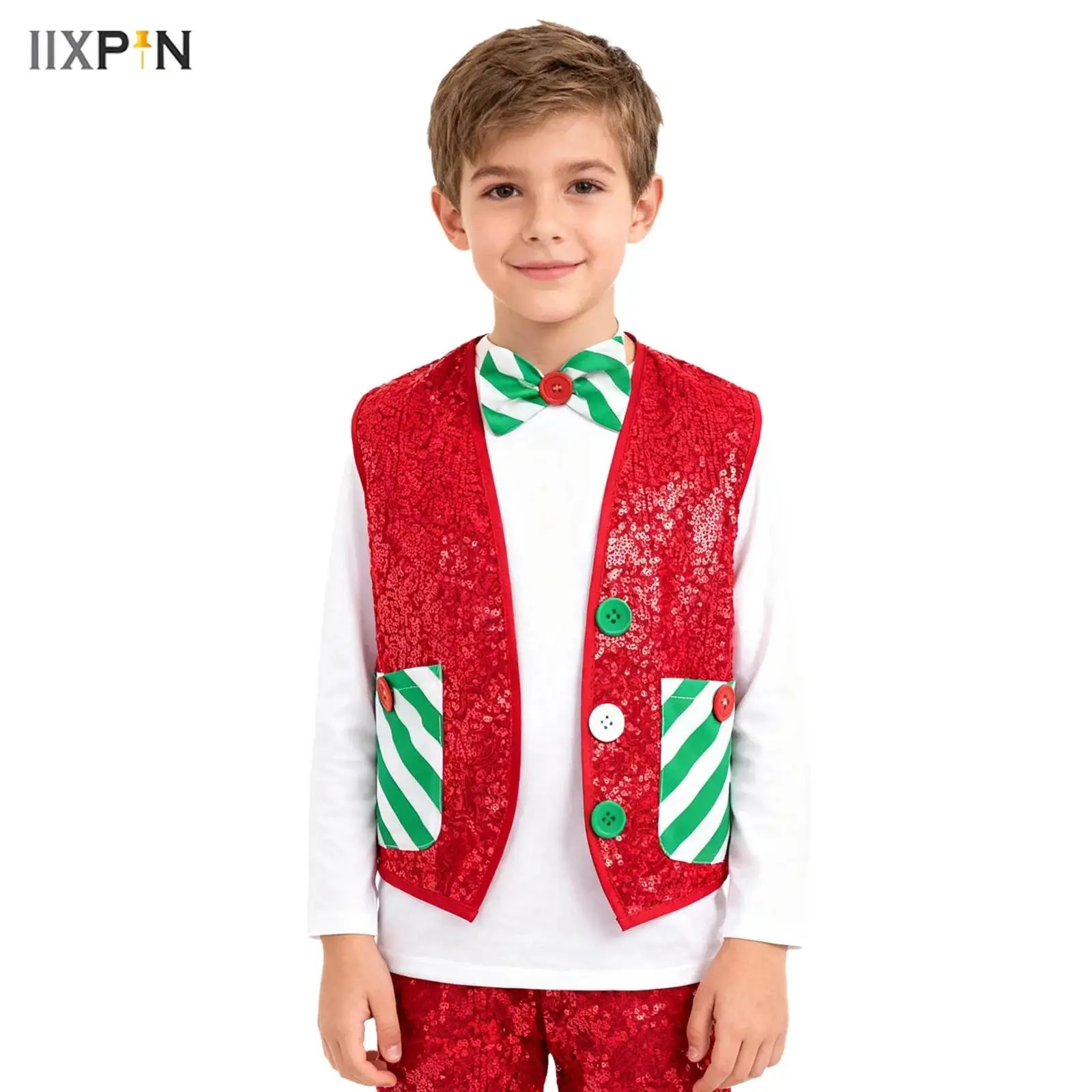 

Girls Boys Sequins Christmas Santa Claus Elf Costume Sleeveless Pockets Vest Waistcoat Jacket with Bow Tie for Latin Jazz Dance