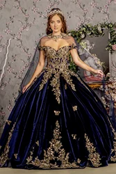 Navy Blue Velvet Quinceanera Dresses Embroidered Metal Decals Off Shoulder Birthday Party Princess Ball Gown Vestidos De 15 Anos
