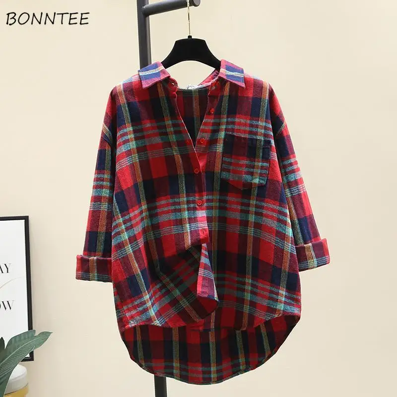 Plaid Shirts Women All-match Autumn Soft Basics Korean Style Simple Delicate Ladies New Attractive Age-reducing Aesthetic Tender